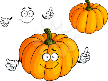 Orange cartoon cheerful pumpkin vegetable character with green large stalk for halloween party decoration or vegetarian concept design
