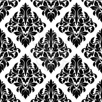 Black and white damask seamless background with lush foliage composition of bold pointed leaves and curly tendrils suitable for upholstery fabric or hangings design