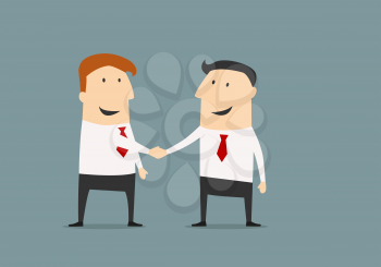Cartoon businessman shaking hands congratulating each other with successful deal in flat style for business partnership concept design