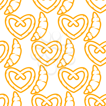 Seamless bakery pattern with outline yellow traditional french croissants and german crunchy salty pretzel on white background for textile or wrapping design