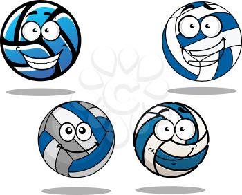 Happy cartoon leather volleyball balls characters in blue and white with smiling faces and shadows for sporting or team mascot design