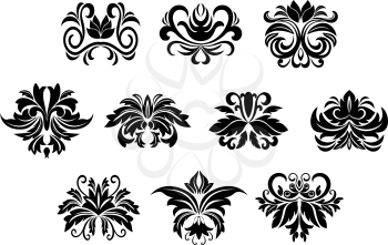 Black ornamental floral design elements with stylized flowers decorated bold leaves scrolls and curly tendrils isolated on white background