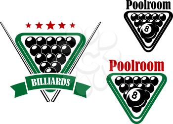 Billiard or poolroom emblem with black balls and cues isolated on white