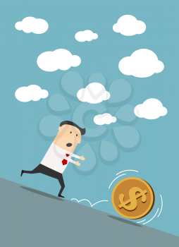 Cartoon businessman runs chasing golden dollar coin that rolls down from the hill suited for finance concept design