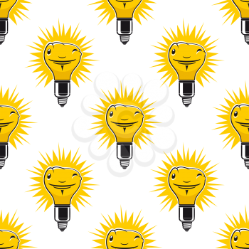 Funny seamless pattern with bright cartoon yellow light bulbs isolated on white background for eco or business idea concept design 
