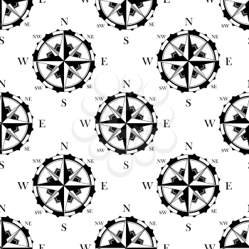 Seamless black and white pattern background with nautical compasses in retro style suitable for adventure or cartography concept design
