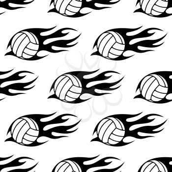 Volleyball ball with tribal flames seamless pattern in black and white colors for sporting competition or match design 