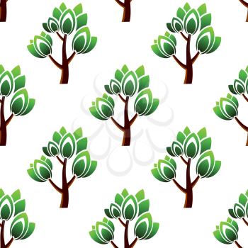 Forest seamless pattern showing repeating motif of trees with green leafy branches on white background for wallpaper or fabric design