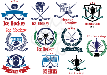 Ice Hockey emblems, symbols and logos set with crossed sticks, pucks, banners, ribbons, wreaths, trophy cups, helmet and decorative elements for sports design