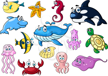 Cartoon sea animals with happy emotions isolated on white for wildlife or mascot design
