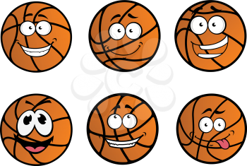 Cartooned basketball ball characters with funny faces and happy emotions isolated on white for sports design