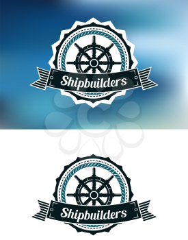 Shipbuilders heraldic banner or emblem with helm, round frame,text and ribbon