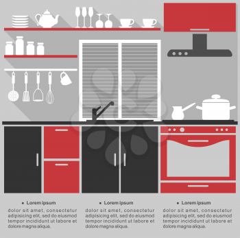 Flat infographic template for a kitchen interior design with a stylish red, grey and black kitchen with fitted cabinets and appliances