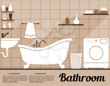Flat bathroom interior decorating infographic template with an old-fashioned freestanding bathtub, washing machine, hand basin and shelves of toiletries with editable text space