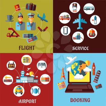 Aviation, airport and travel concept flat designs with many icons for tourism and transportation industry