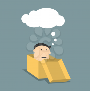 Cartoon man inside a brown box with thought cloud above his head for delivery, or transportation concept, flat design