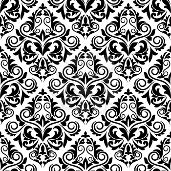 Damask seamless pattern with decorative black flowers for interior and background design