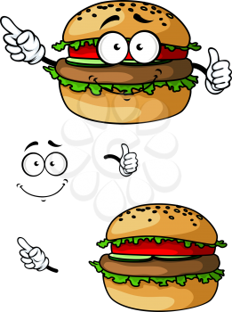 Cartoon hamburger character with and without face and hands for takeaway or fast food design