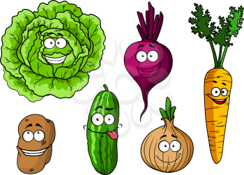 Cartoon fresh vegetables characters with  cabbage, beet, onion, carrot, potato and cucumber