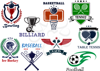 Variety sports icons set with bowling, billiard, basketball, tennis, baseball, darts, ice hockey and soccer elements