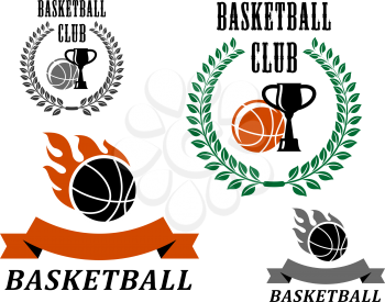 Basketball game emblems and symbols with fire flames, laurel wreath and trophy club