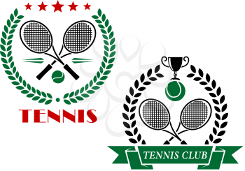 Tennis game icons and emblems with crossed rackets, wreath, ribbons, ball, trophy and text for sports design