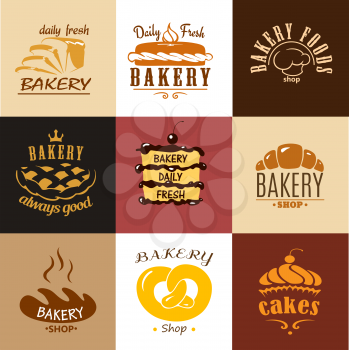 Creative bakery logos and banners with cakes, chef toque, croissant, pretzel, bread cupcakes and pies