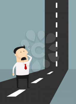 Business problem solving concept with a horrified cartoon businessman standing looking at a road as it make a perpendicular right angle bend wondering how he can solve the problem to reach the top