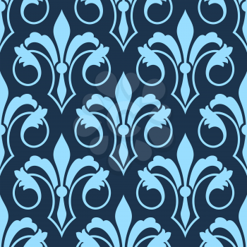Stylized scrolling seamless Fleur de Lys pattern with a repeat motif in shades of blue in square format for wallpaper, wrapping paper or textile design