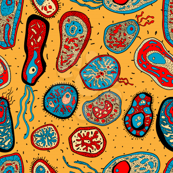Amebas, bacteria or microbial lifeforms seamless pattern for science or medicine design
