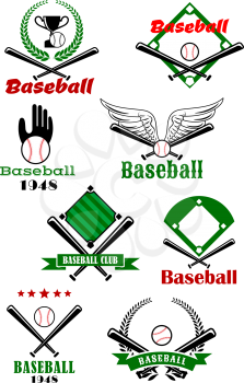 Baseball game sporting emblems or symbols with various text, crossed bats, wings, wreaths, trophy, pitch, glove and ball with banners