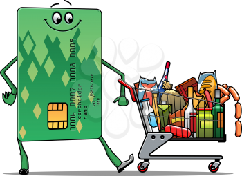 Happy smiling green credit card doing the grocery shopping with a trolley full of food and products, shopping on credit