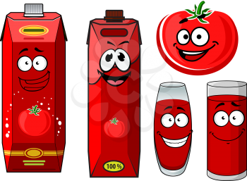 Cartoon red tomato and juice characters in containers isolated on white background
