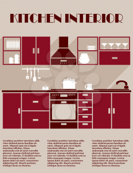 Kitchen interior infographic template in shades of maroon with a fitted kitchen with electrical appliances, cabinets and kitchenware and editable text space