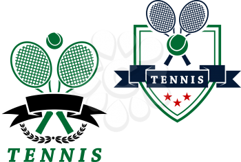 Heraldic tennis emblems or badges with crossed rackets and ball with a blank banner and shield with text Tennis below 