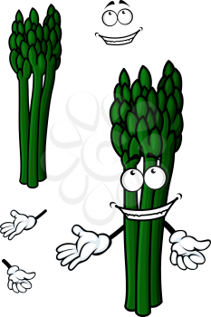 Asparagus vegetable cartoon character showing smiling bunch of green fresh stems isolated on white background for vegetarian menu or recipe book design