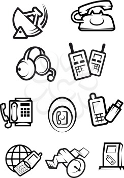 Telephone technology icons with silhouettes of smartphones, dial and mobile phones, fax, headset, radio set, satellite and radar isolated on white background