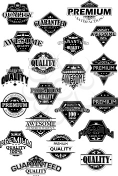 Quality guaranteed black and white labels in retro style decorated floral ornament, stars and crowns for advertisment or promo design