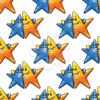 Seamless pattern of hugging yellow and blue stars cartoon characters with cheerful smiles and glossy shine for wrapping or party decorations design