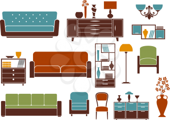 Flat furniture and interior design elements depicting sofas, modern armchairs and chair, wooden chests of drawers, bookcase and bookshelf, vintage floor vase, lamps and chandelier
