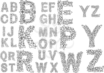 Alphabet capital letters with foliage ornament decorated lush flowers and curly tendrils in outline sketch style for initials or invitation design