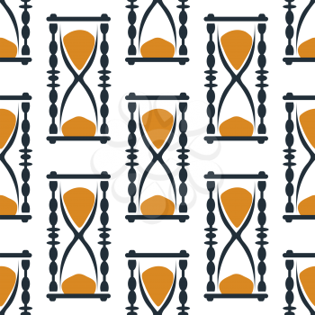 Hourglasses seamless pattern showing vintage sandglasses with carved decorative elements and orange sand for time concept or wrapping paper design