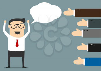 Exulting successful businessman with blank speech bubble and many hands showing him thumbs up gesture in cartoon style suited for feedback, approve or like concept design