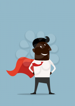 Happy cartoon black businessman standing like a hero with red cape flying behind him suited for success or leadership concept design