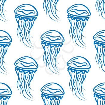 Seamless pattern of blue outline jellyfishes with long wavy tentacles on white background suitable for textile or tile design