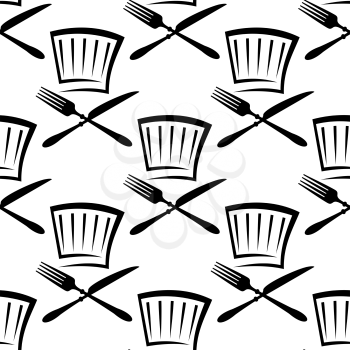 Black and white seamless pattern background in outline sketch style with repeated motif of chef hat with fork and knife for menu or recipe book flyleaf design 