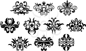 Silhouettes of stylized black flowers consist of curly pointed leaves and curlicues isolated on white background for elegant invitation or greeting card design