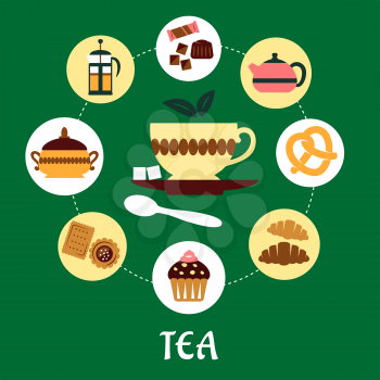 Flat infographic of tea concept showing cup of tea on saucer with pieces of sugar surrounded chocolate, bakery, pastry, teapots icons on green background 