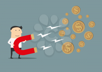 Businessman cartoon character holding red horseshoe magnet and attracting golden coins with dollar sign suited for investment business concept design