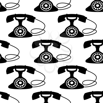 Black silhouettes of retro telephone with rotary dial seamless pattern on white background suitable for textile or page fill design
